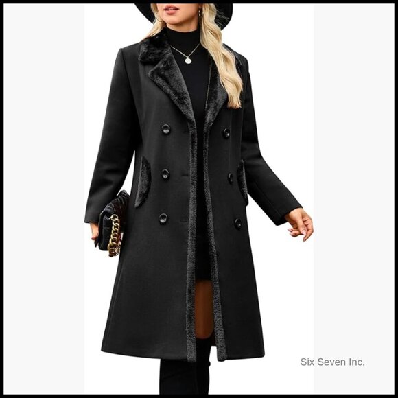 Jackets & Blazers - Double Breasted Pea Coat with Faux Fur Collar, Mid-Calf Length, Polyester